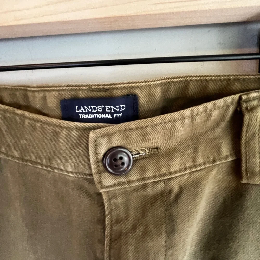 Lands' End Traditional Fit Olive Green Chino Pants Casual Trousers 100 % Cotton - Picture 7 of 14
